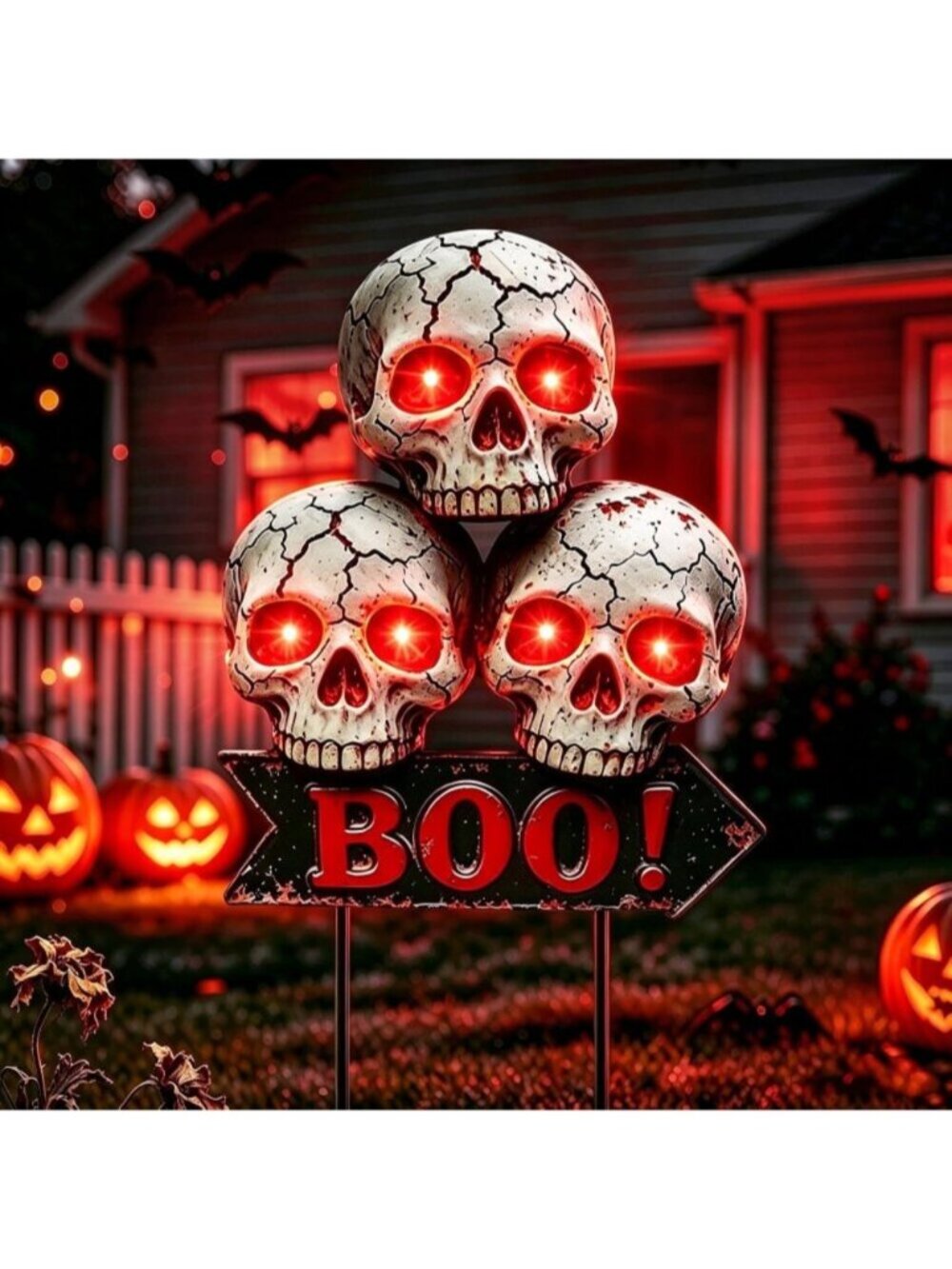 Solar Halloween Skull Lights Outdoor 3 Skulls with Red Glowing Eyes Yard Decor